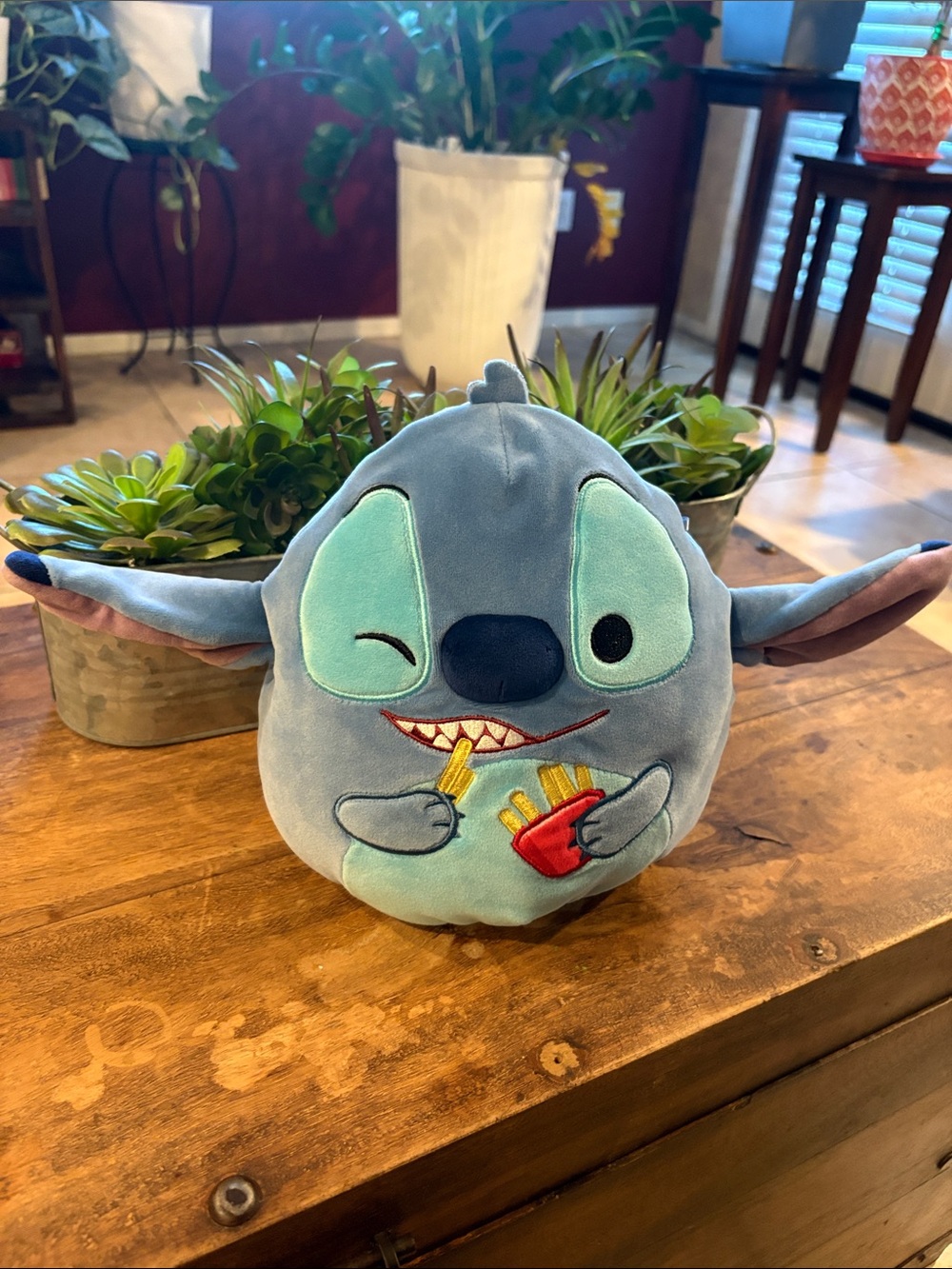 Disney Blue Stitch Plush Holding Fries Cute Squishmallow-Style Pillow - Like New